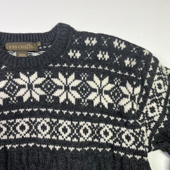 Inis Crafts Men's L 100% Merino Wool Thick Knit Sweater Grey Snowflake - Picture 4 of 7